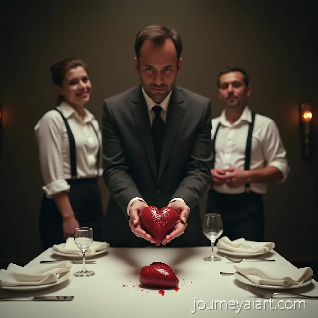 Mysterious-Chef-Presenting-Raw-Heart-on-SnowWhite-Table-with-Waiters-in-Elegant-Dining-Scene