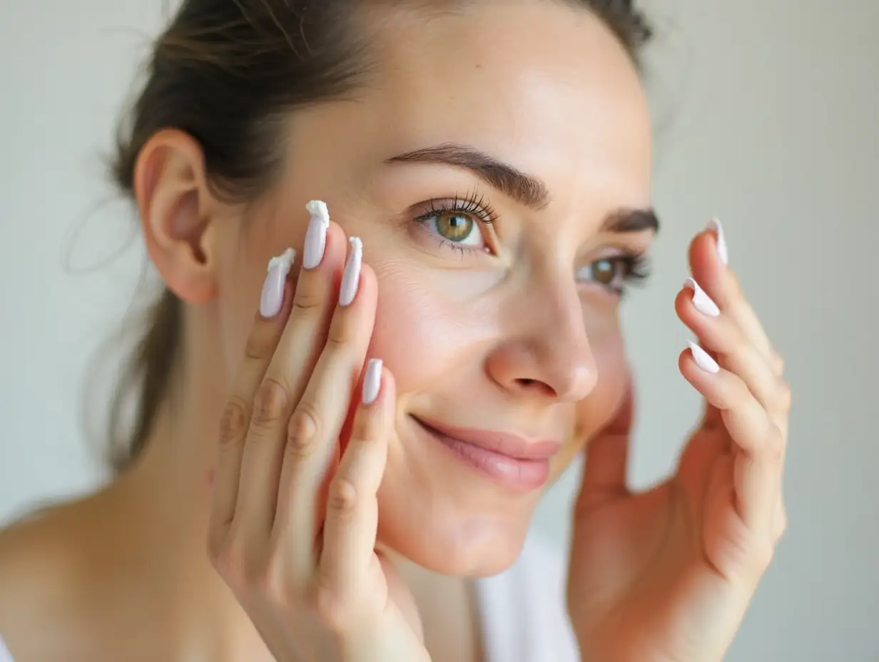 Happy woman with alopecia applying cream on face