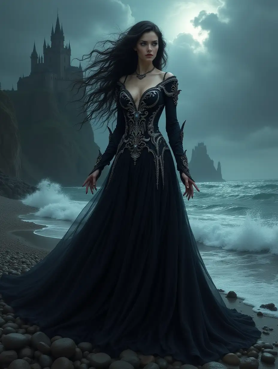 A powerful woman with dark, flowing hair resembling tentacles, wearing a dramatic black gown with intricate silver details, standing on a rocky shore with crashing waves. The background features a dark, gothic landscape with towering cliffs and a mysterious castle. The sky is filled with ominous clouds, adding to the dark, fantasy atmosphere. The scene is illuminated with soft, eerie light, highlighting the woman's regal and commanding presence. Digital painting, high contrast lighting, highly detailed, soft textures, fantasy elements, (masterpiece: 1.2), best quality, ultra highres, original, (extremely detailed:1.3), perfect lighting