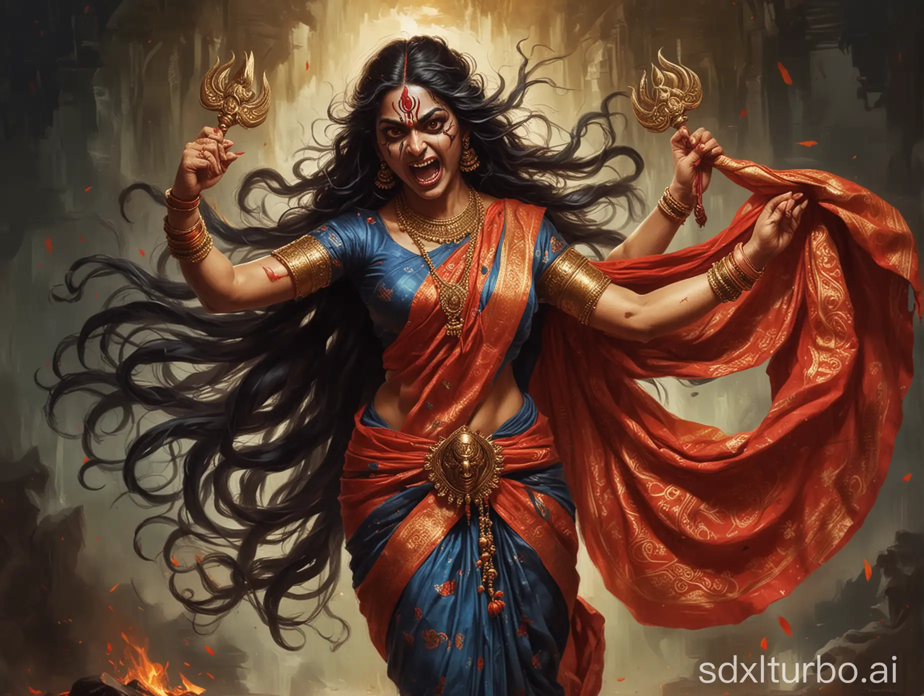 Roaring-Maa-Kali-and-Durga-in-Saree