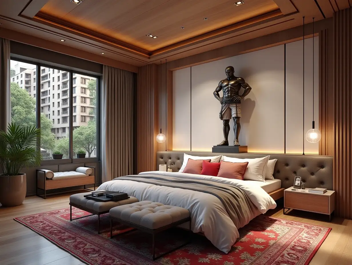 a very large modern bedroom with a statue of attack on titan 180 degree panoramic shots 8K resolution colorful