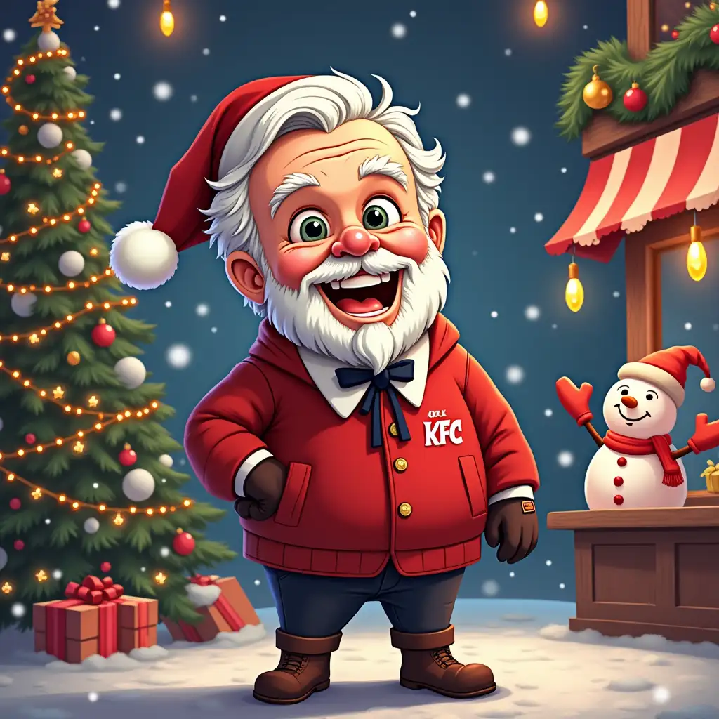 Create a cartoon character named David Sanders, similar to Harland, who runs a KFC in the world of GTA 5, surrounded by Christmas decorations and a 2025 holiday atmosphere. The image should contain Christmas decorations, as well as the website address 'ragemp.pro'. The background should be winter, with a Christmas tree, garlands and snowflakes. Use bright and festive colors such as red, green and gold. Add funny cartoon characters like snowmen or reindeer to create a fun holiday atmosphere.