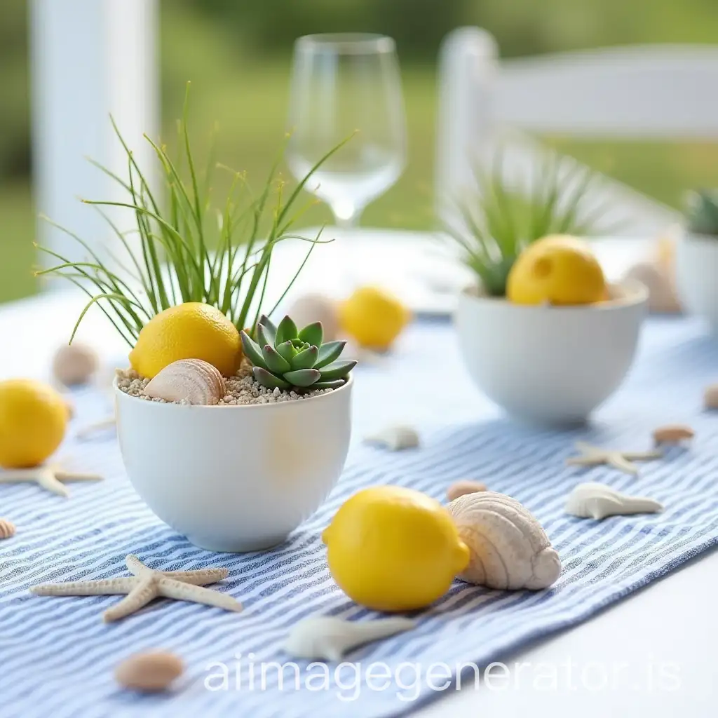 A summer table by the sea with a nautical theme. The table is covered with a blue and white striped tablecloth. Elegant small yogurt-type pots filled with light beige sand form the centerpiece, decorated with small shells and marine plants (such as succulents or delicate green seagrasses). Bright yellow lemons are scattered on the table, adding a fresh and vibrant touch of color. Other shells and small starfish are artfully arranged around the table. The atmosphere is simple but elegant, capturing the essence of a summer lunch by the beach in natural sunlight.