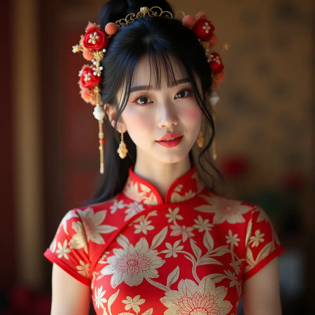 Stunning-Young-Woman-in-Vibrant-Cheongsam-with-Headpieces-in-FullBody-Pose