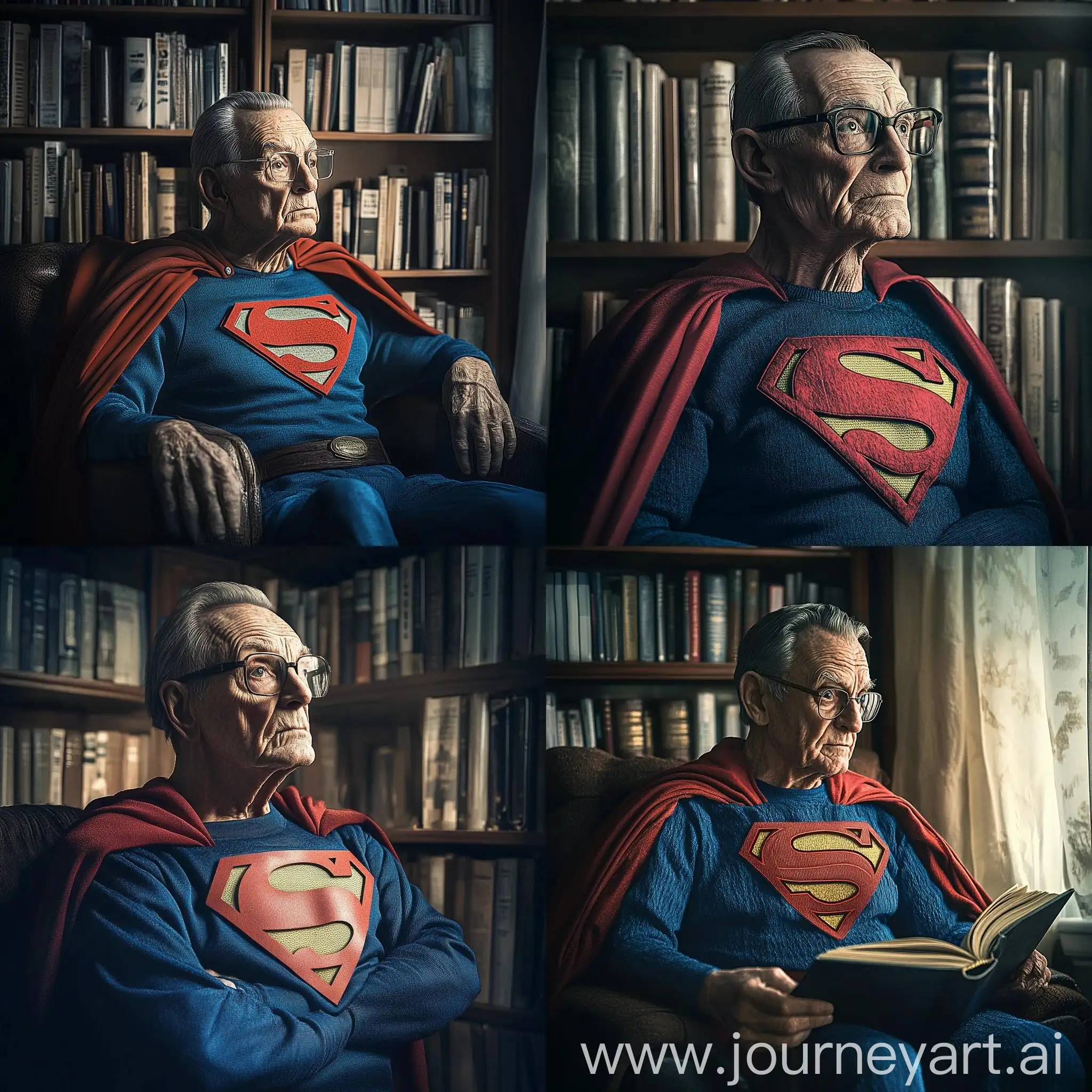 Aged-Superman-Reflecting-on-Past-Heroics-with-Philip-Kotlers-Marketing-Books