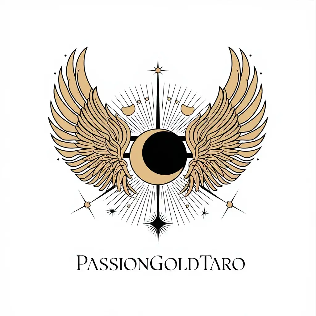 a vector logo design,with the text "PassionGoldTaro", main symbol:wings of angel moon,complex,be used in Tarot esoterica industry,clear background