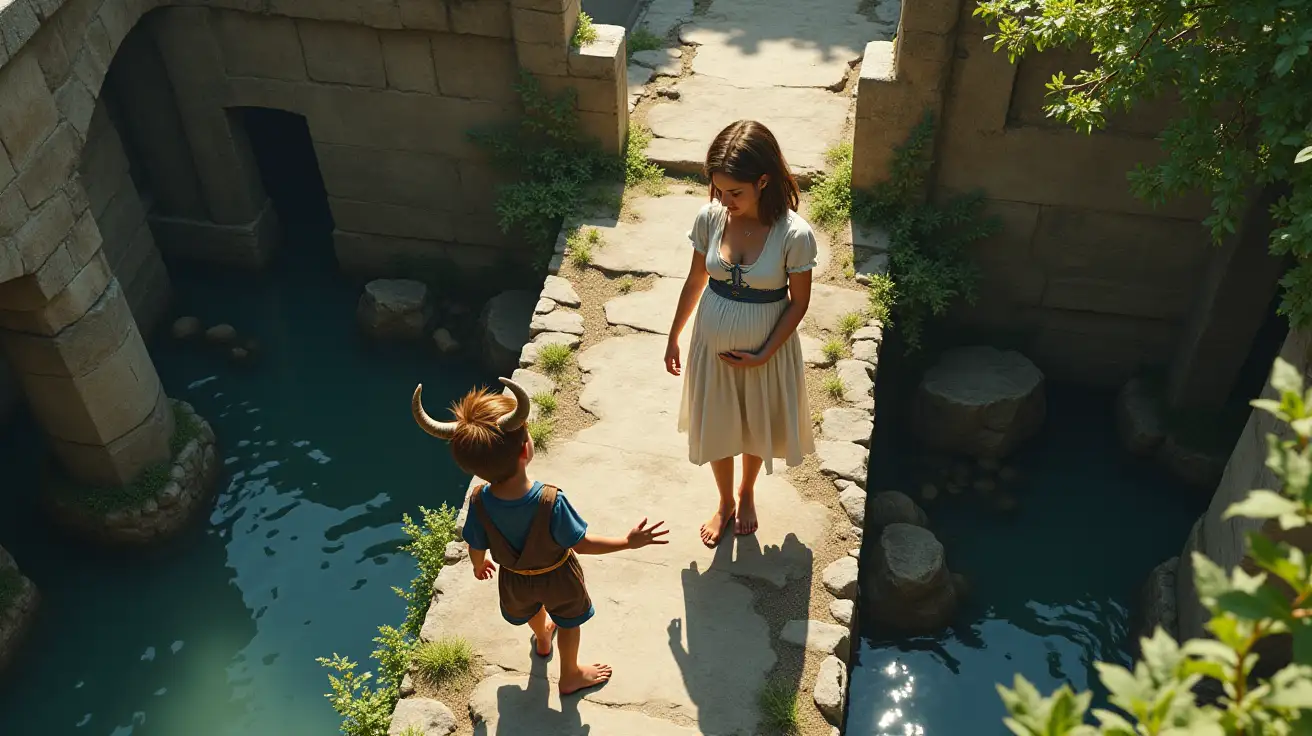 Young-Boy-with-Horns-Leading-Pregnant-Teen-Girl-across-Narrow-Bridge-in-SunDappled-Casual-Ruins