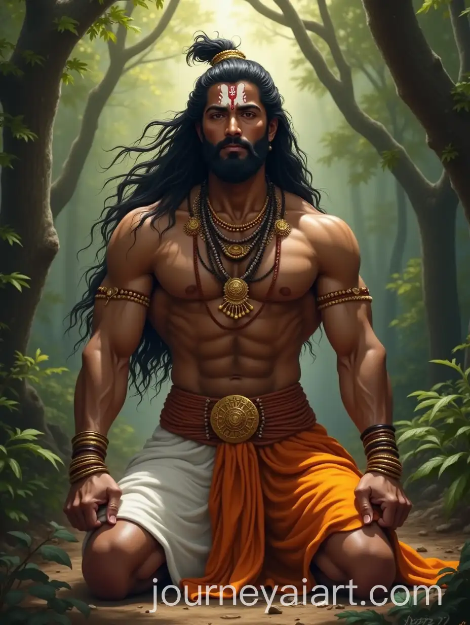 Muscular-Indian-Warrior-in-a-Mystical-Forest-Kneeling-with-Divine-Aura