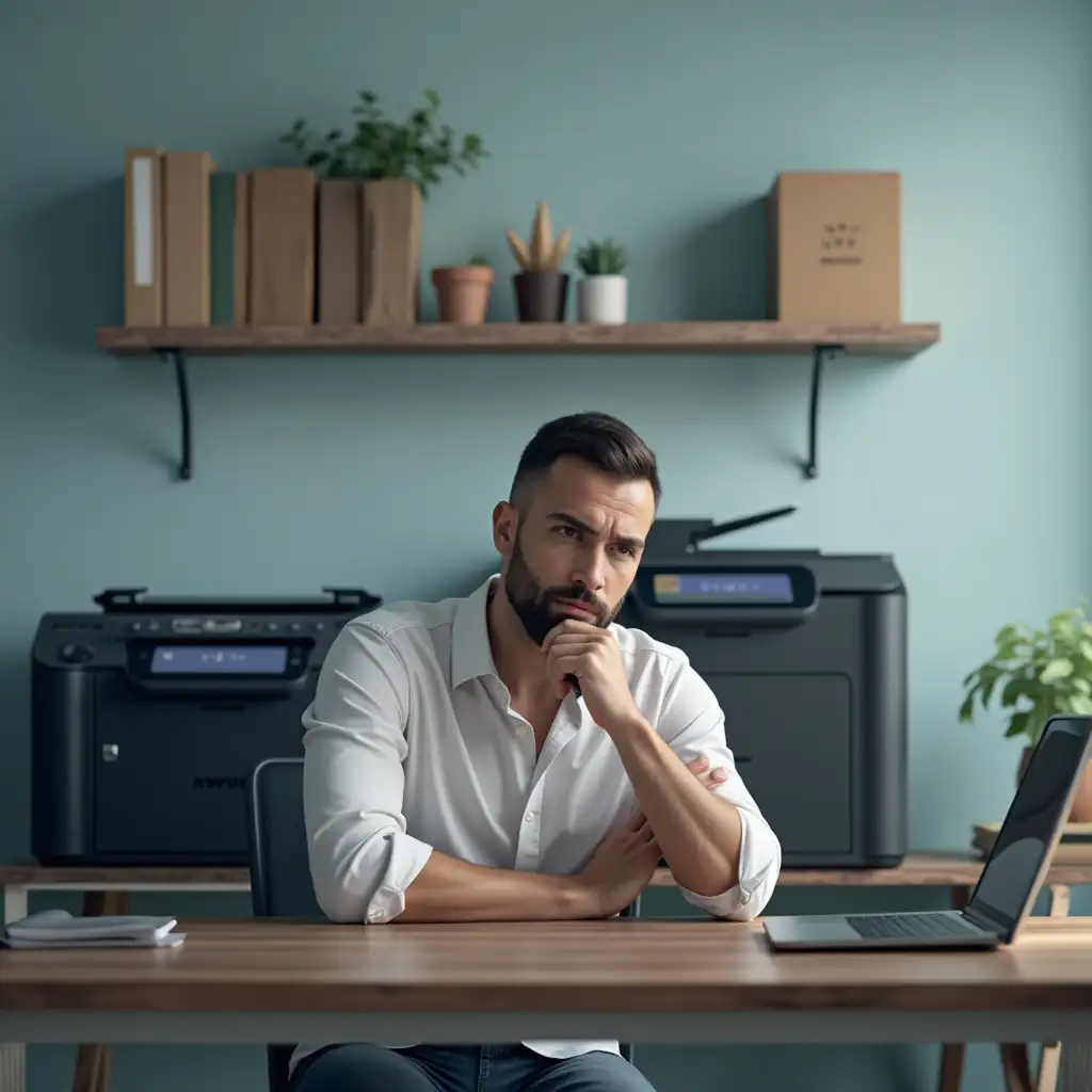 Man Contemplating Printer Purchase Surrounded by 3D Printers