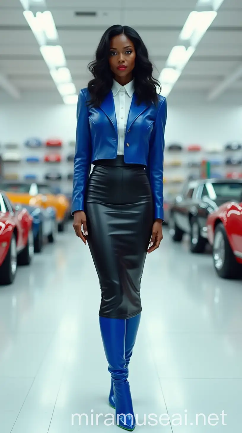 Very detailed photo realistic, short petite black 50 year old woman, long black wavy hair, wearing a cropped royal blue leather suit jacket without lapels, she is wearing a very tight and constricting black leather bodycon knee length pencil skirt with empire waist, she is wearing royal blue thigh high leather stiletto heel boots covered by her skirt with vivid green soles, standing in a white brightly lit diecast car store, serious expression, red lipstick, tight fitting tapered white oxford shirt buttoned to the top, view from behind