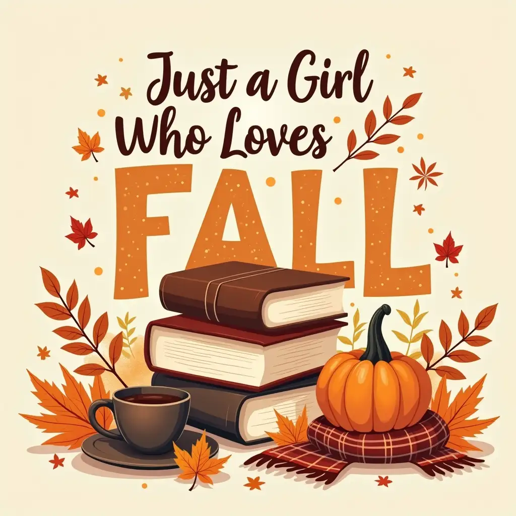 Vector illustration. the word 'Just a Girl Who Loves Fall' in bold. A stack of books, a pumpkin, a cup of coffee, and a cozy scarf, all surrounded by fallen leaves and flowers. The overall atmosphere is warm and inviting, perfect for autumn. background all surrounded by fallen leaves and flowers.