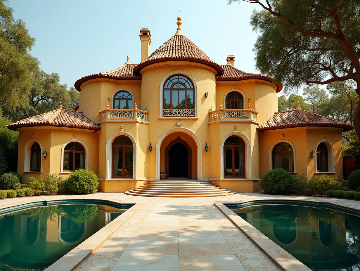 Crooked House, Garden  Planted-Clean, with gilded stucco, large windows with glass closed, curved, smooth window shapes, winding large entrance steps of marble, Complex pointed roof with pond, Lanterns, Bank of gold, Orange tree 4K resolution colorful wide-angle shots