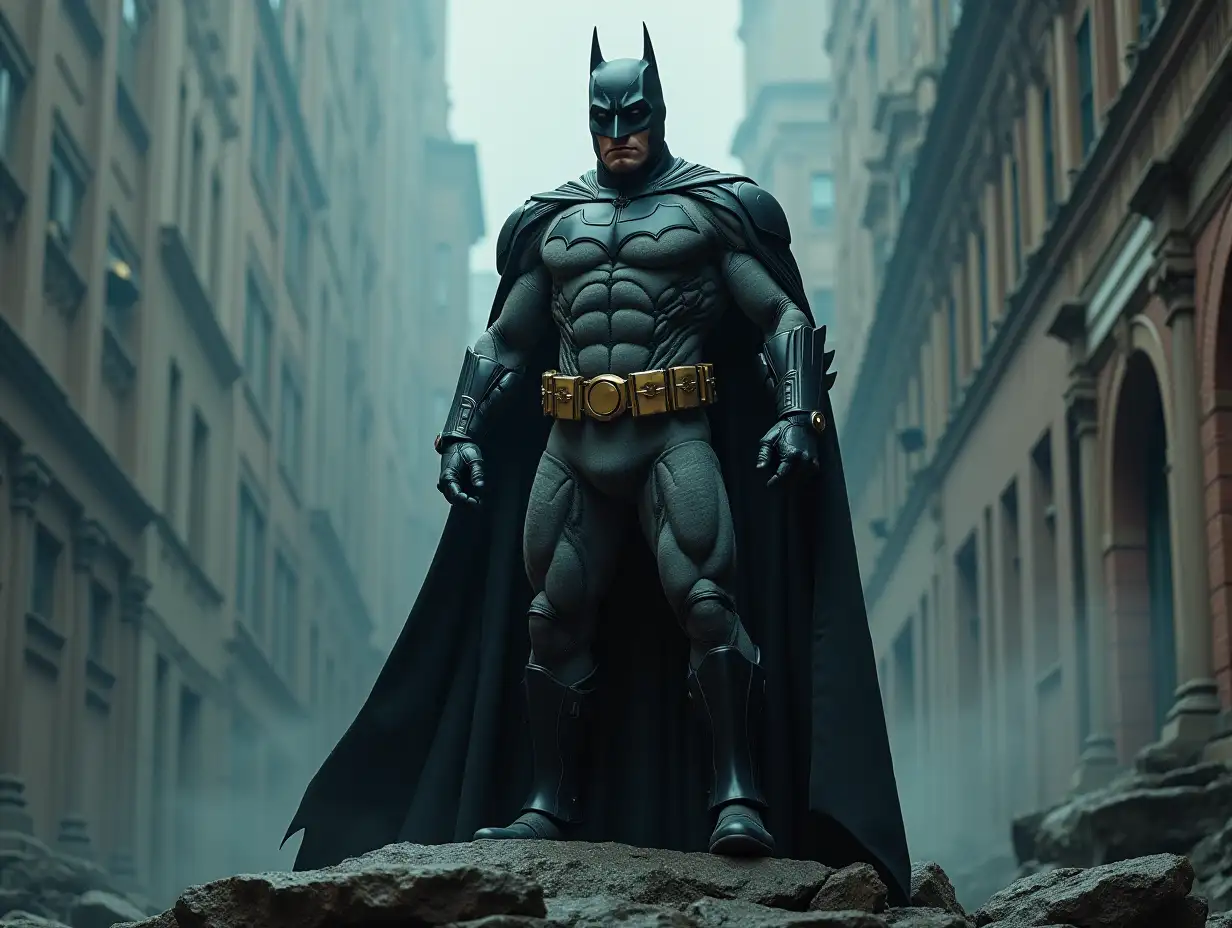 Batman Camouflage with bright shading stands on a rock 4K resolution