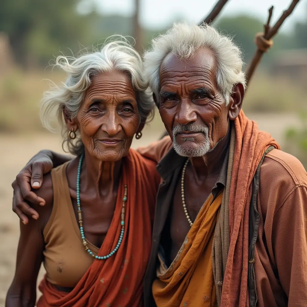 An old Indian man and woman, completely poor clothes torn and face sweating. A swing in the background.