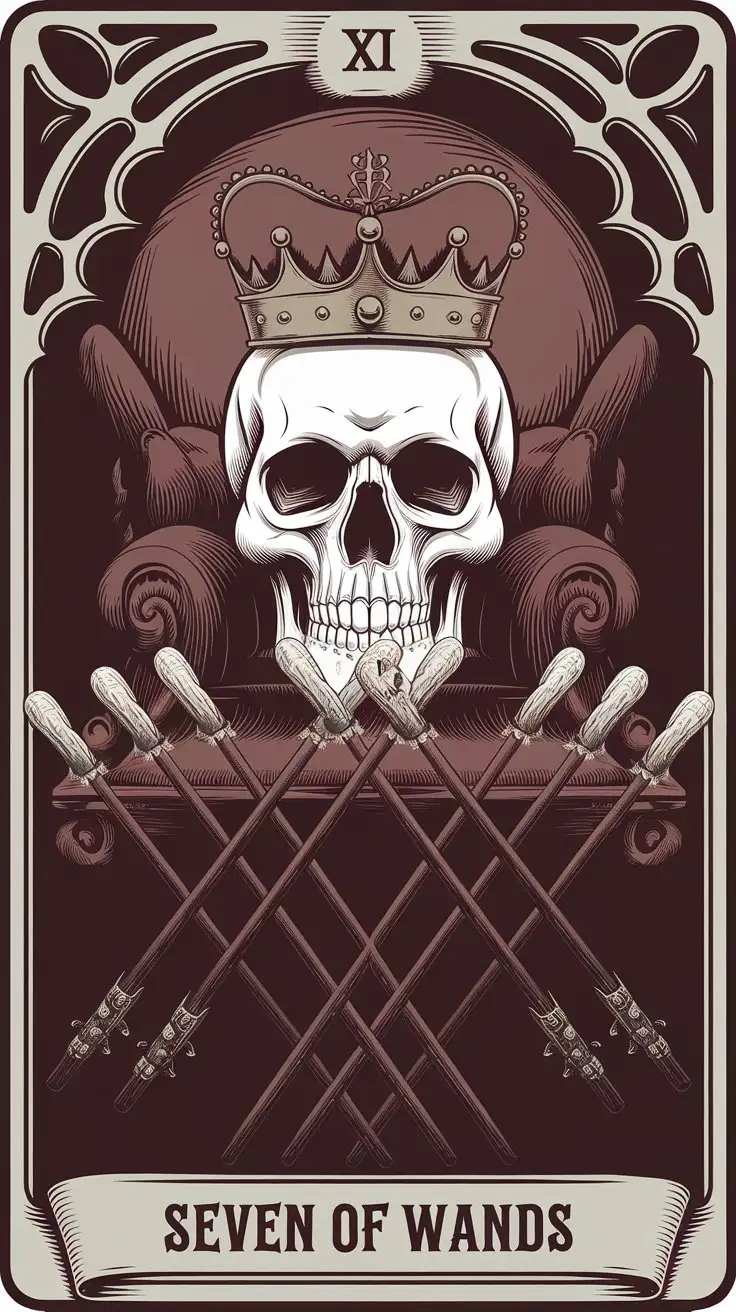 Gothic SkullThemed Tarot Card with Seven Wands Typography