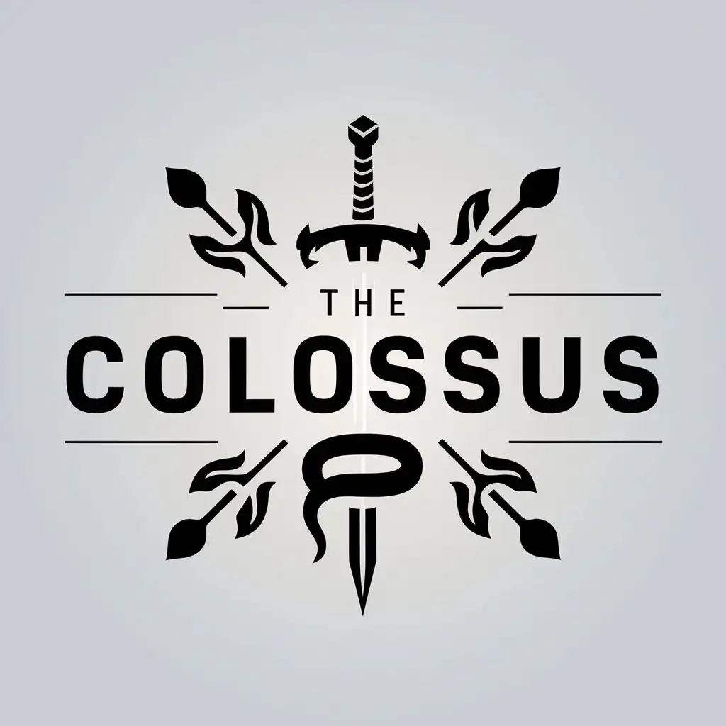 a vector logo design,with the text "The COLOSSUS", main symbol:Snake, sword, fire,Minimalistic,be used in Music industry,clear background