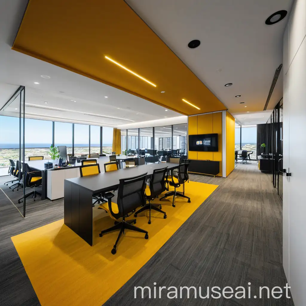 Modern Office Design with Private Offices Large Screens and GlassEnclosed Meeting Rooms