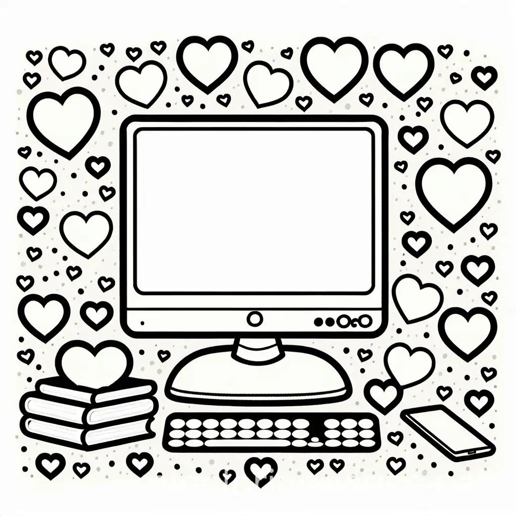 Phones and computers, books and some love hearts together cartoon and kawaii and easy to color, Coloring Page, black and white, line art, white background, Simplicity, Ample White Space. The background of the coloring page is plain white to make it easy for young children to color within the lines. The outlines of all the subjects are easy to distinguish, making it simple for kids to color without too much difficulty