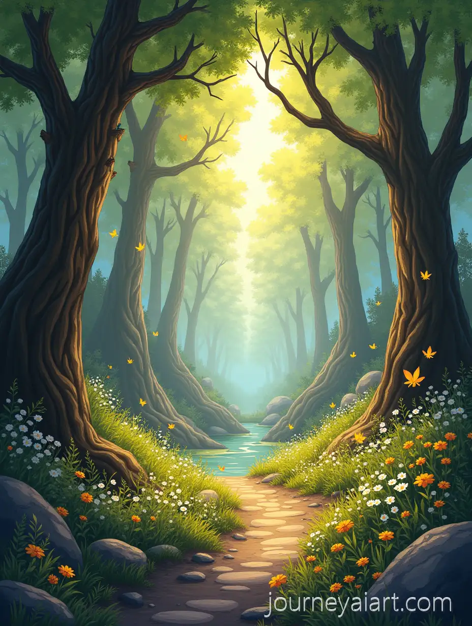 Childrens-Forest-Path-with-SunAI-Image-Prompt-Expansionlit-Trees-Wildflowers-and-Butterflies