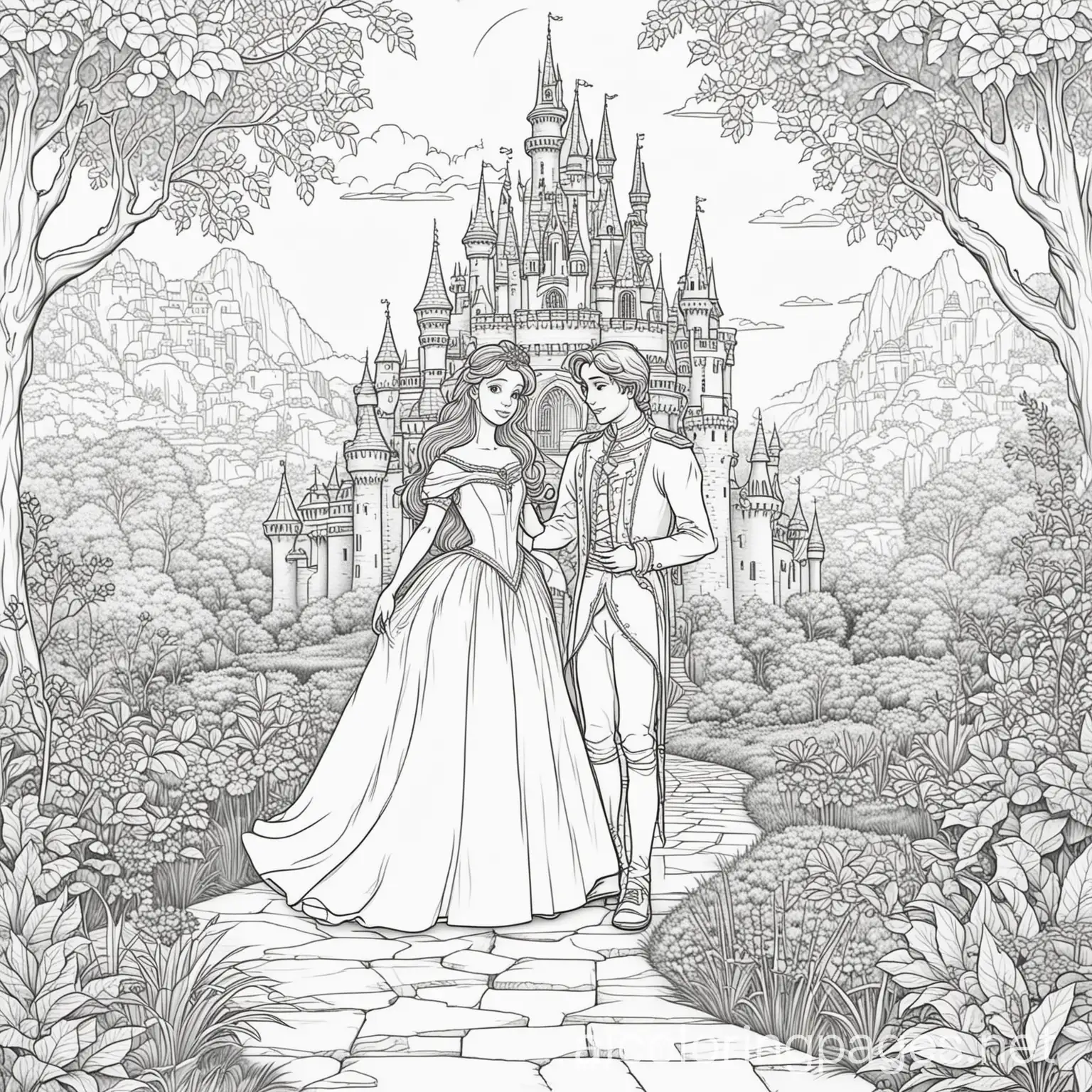 princess and prince in garden in front of magical castle, Coloring Page, black and white, line art, white background, Simplicity, Ample White Space. The background of the coloring page is plain white to make it easy for young children to color within the lines. The outlines of all the subjects are easy to distinguish, making it simple for kids to color without too much difficulty