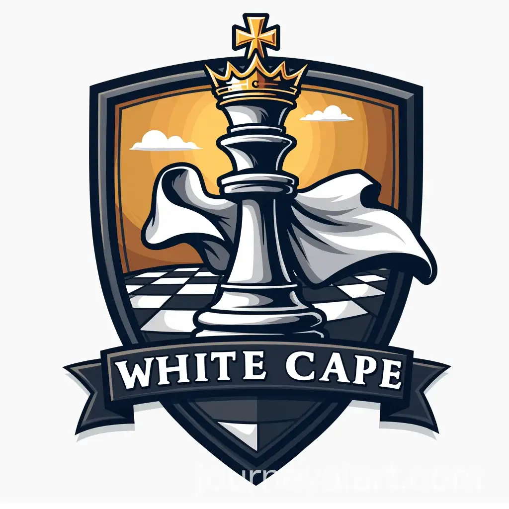 Chess-King-Piece-Logo-with-White-Cape-Shield-and-Chessboard-Background