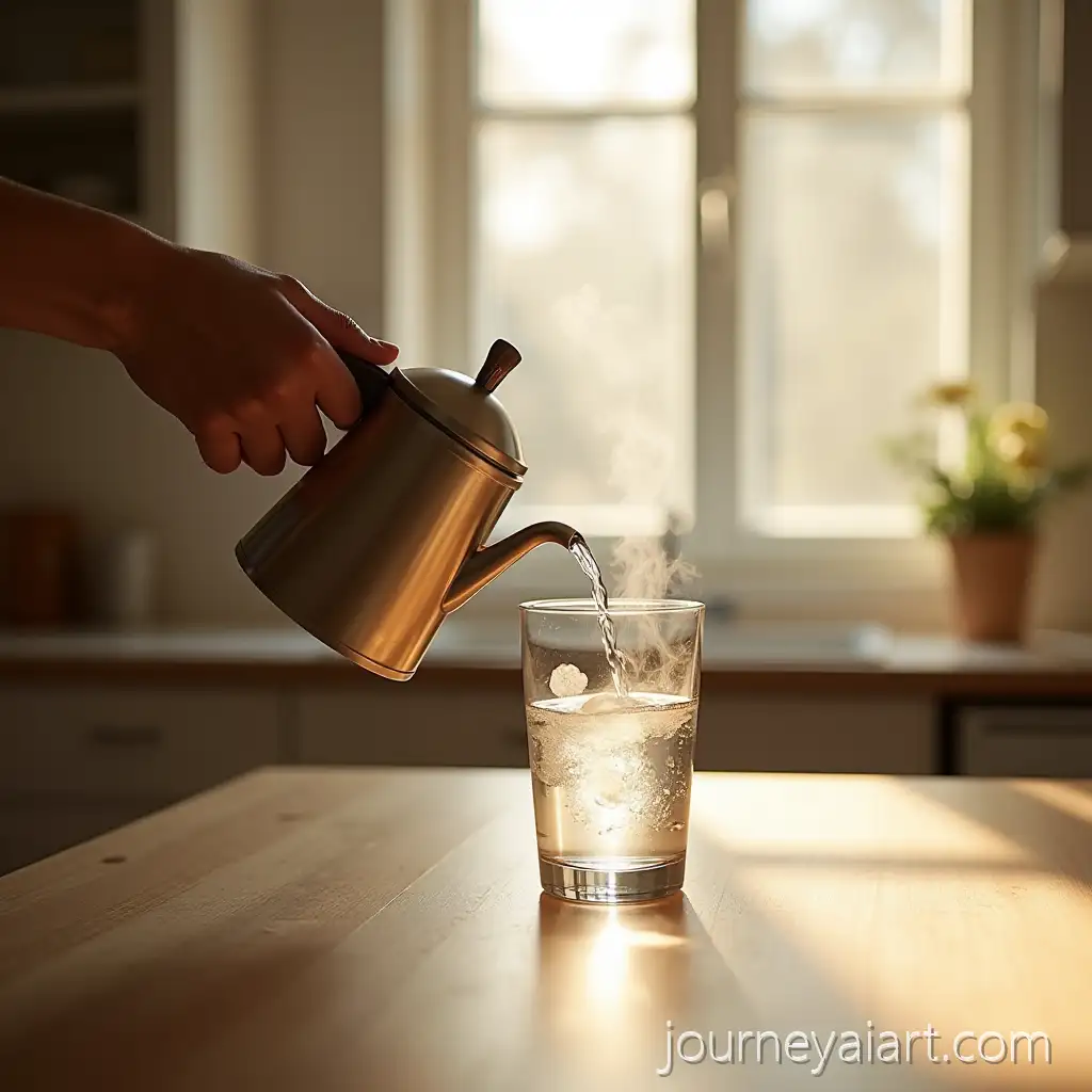 Aesthetic-Morning-Kitchen-Scene-with-Hand-PourAI-Image-Expansioning-Warm-Water-into-Glass