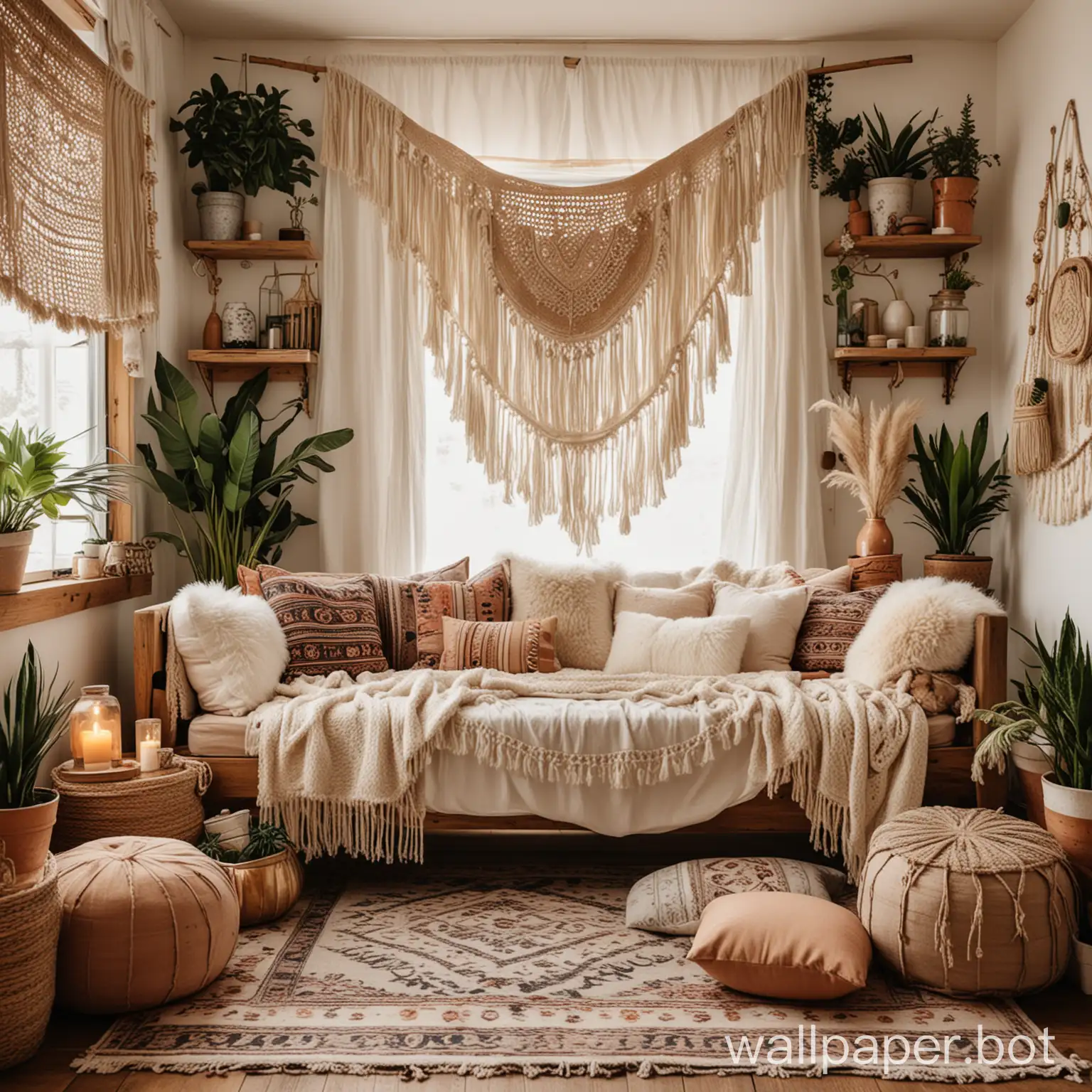 Cozy-Boho-Chic-Living-Room-Interior-with-Soft-Furnishings-and-Natural-Elements