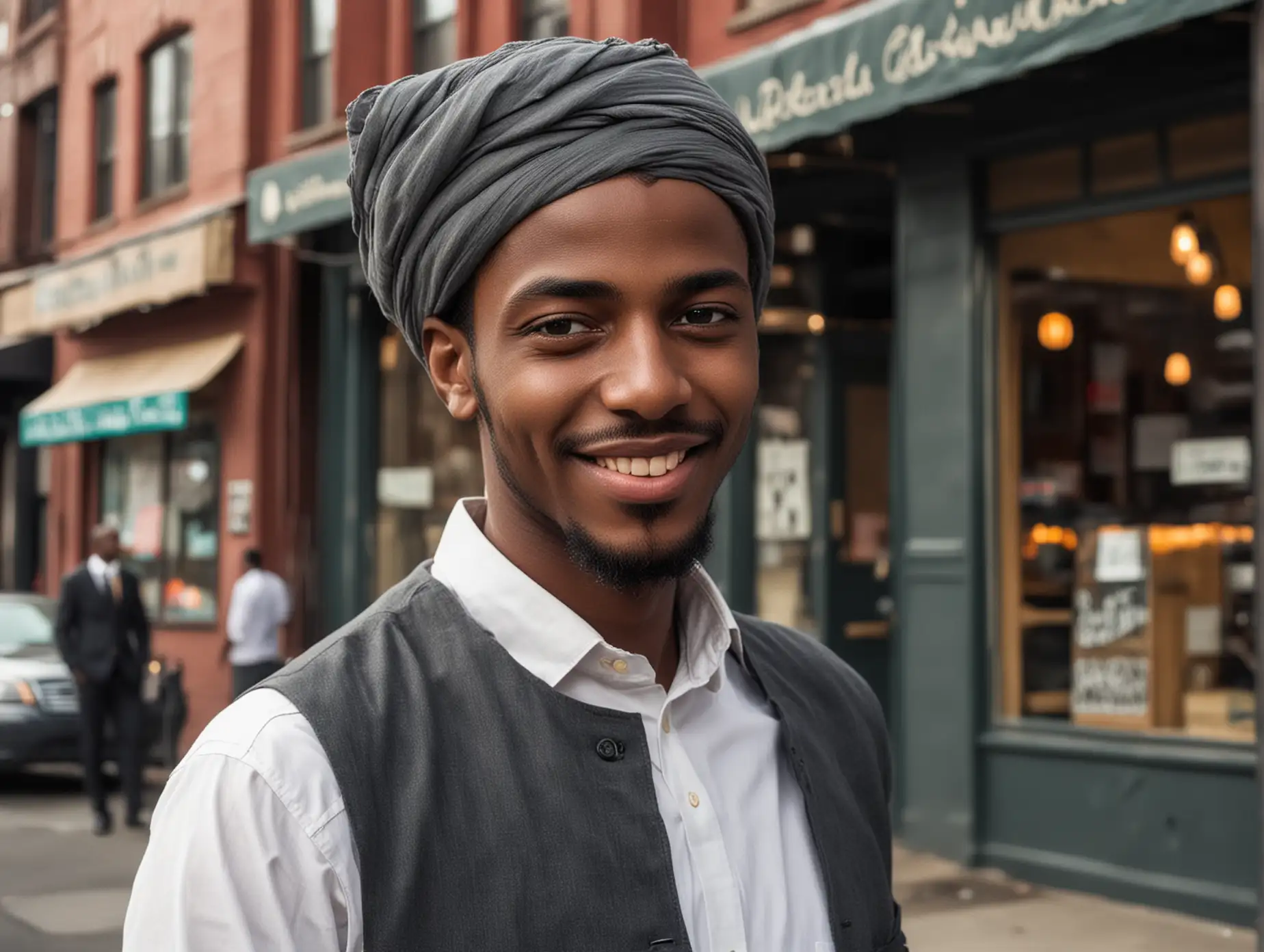 Stylish Sudanese Man Smirking on Brooklyn Street