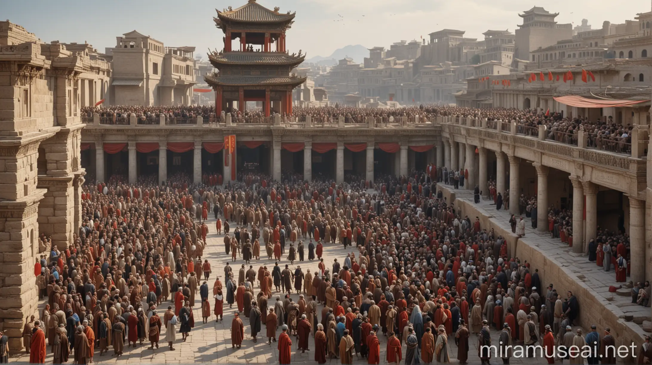 Crowd of Chinese and European People in Ancient Roman Constructions