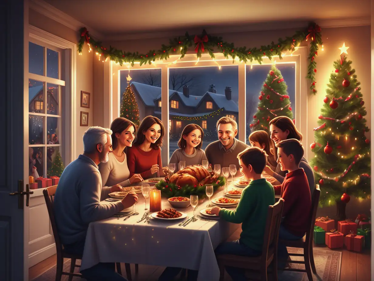 Happy-Family-Celebrating-Christmas-Dinner-in-Festive-Home-Setting