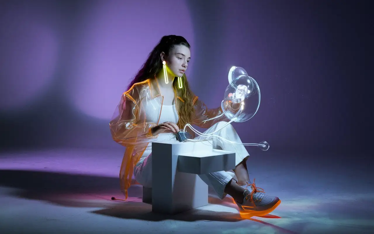 Futuristic White Woman Playing Neon Instruments in Dark Studio