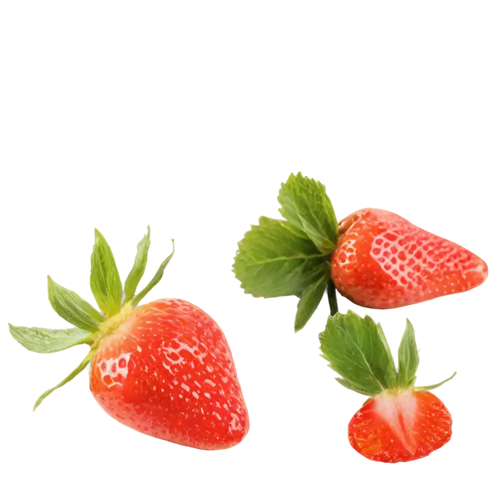 HighQuality-PNG-of-Two-Strawberries-with-Leaflets-One-Cut-in-Half-Perfect-for-Graphic-Design-and-Web-Use