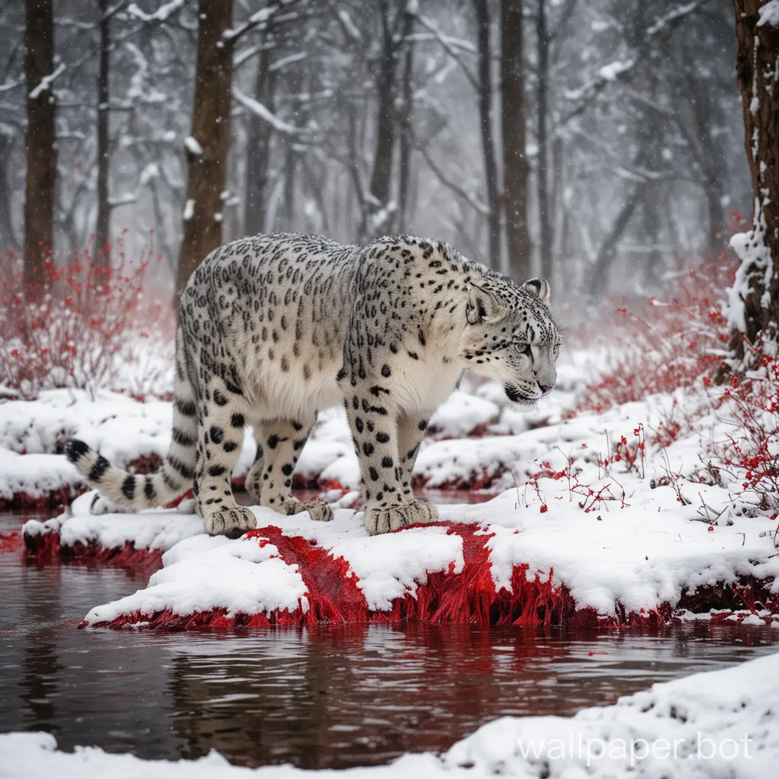 Majestic-Snow-Leopard-Drinking-from-Blood-Red-River-in-Cold-Winter-Forest