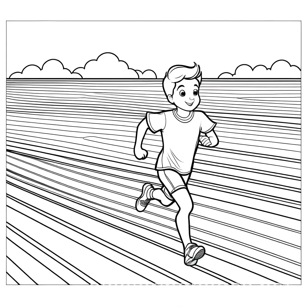 boy running a race coloring sheet, Coloring Page, black and white, line art, white background, Simplicity, Ample White Space. The background of the coloring page is plain white to make it easy for young children to color within the lines. The outlines of all the subjects are easy to distinguish, making it simple for kids to color without too much difficulty