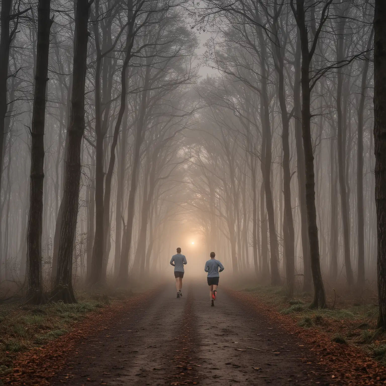 jogger in a forest at dawn, cloudy sky, dark, lightly fogged
