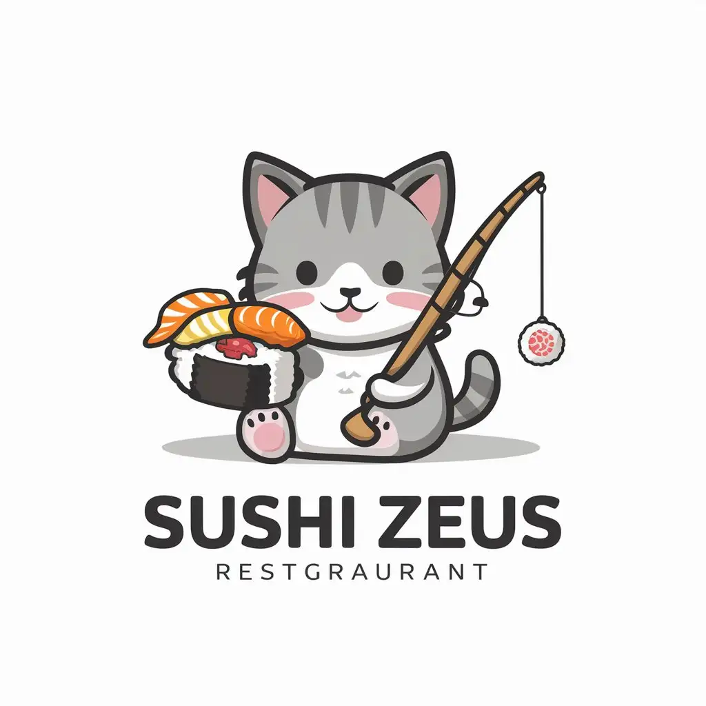 a vector logo design,with the text "Sushi Zeus", main symbol:A sweet grey kitty with a fishing rod holds bright and beautiful sushi in its paw,complex,be used in Restaurant industry,clear background