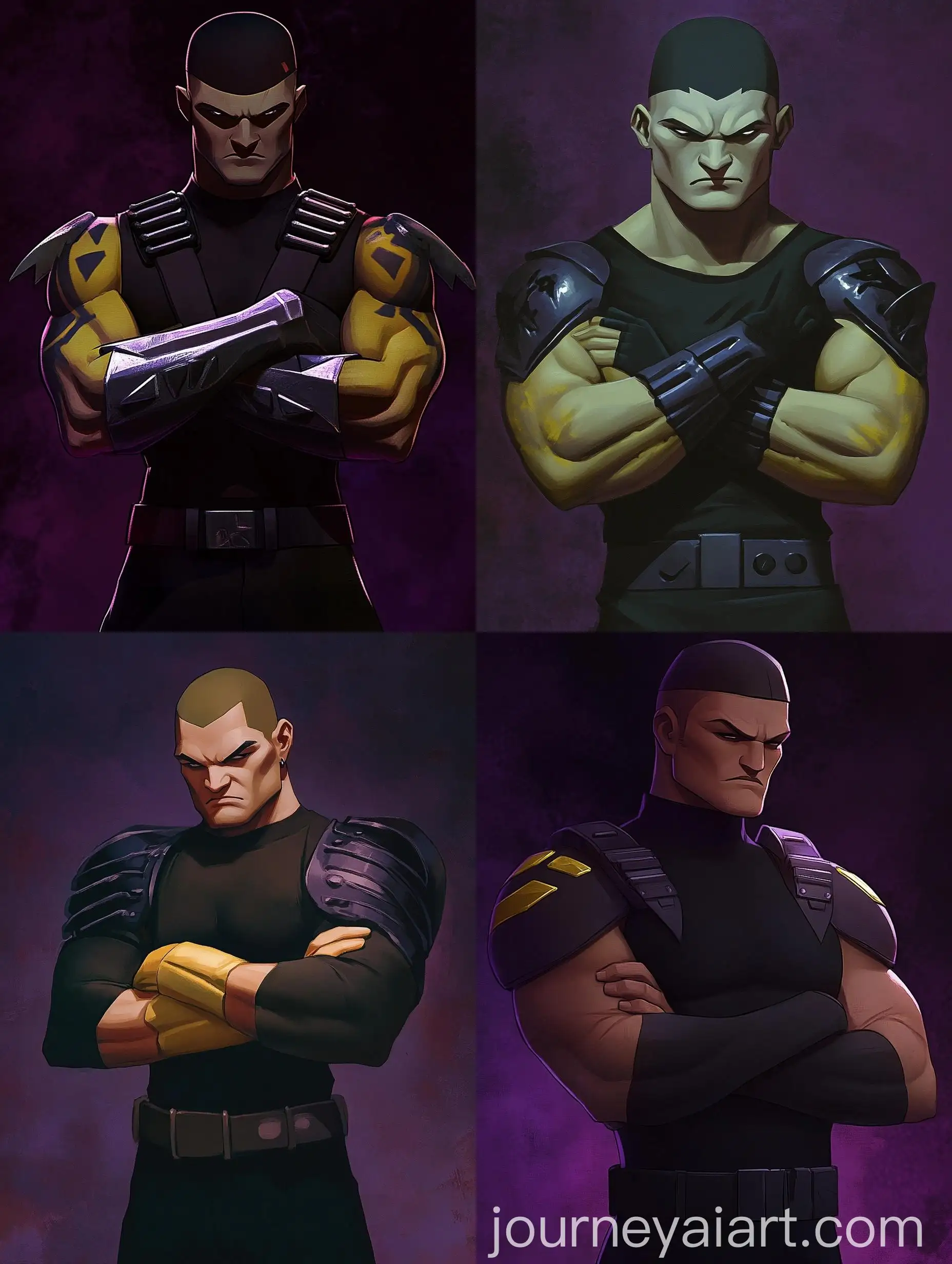 Bald-Teenager-with-Iron-Shoulder-Guards-in-Dark-Purple-Setting