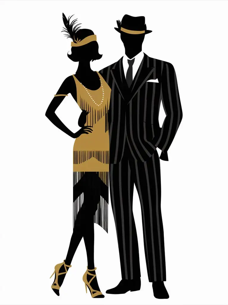 Great Gatsby-style man and woman, clip art for sublimation, white background, vector, SVG, flat design, black outline, silhouette of gold on a dark yellow dress with fringes, long hair, feather hat, flapper, in the style of Frank Sinatra in a tuxedo jacket, striped pinstripe suit, monochrome, full body.