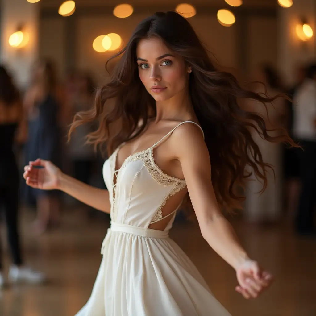 Salsadancer, dark brown wavy long hair, blue eyes, rather light skin, simple beautiful white dress, dancing