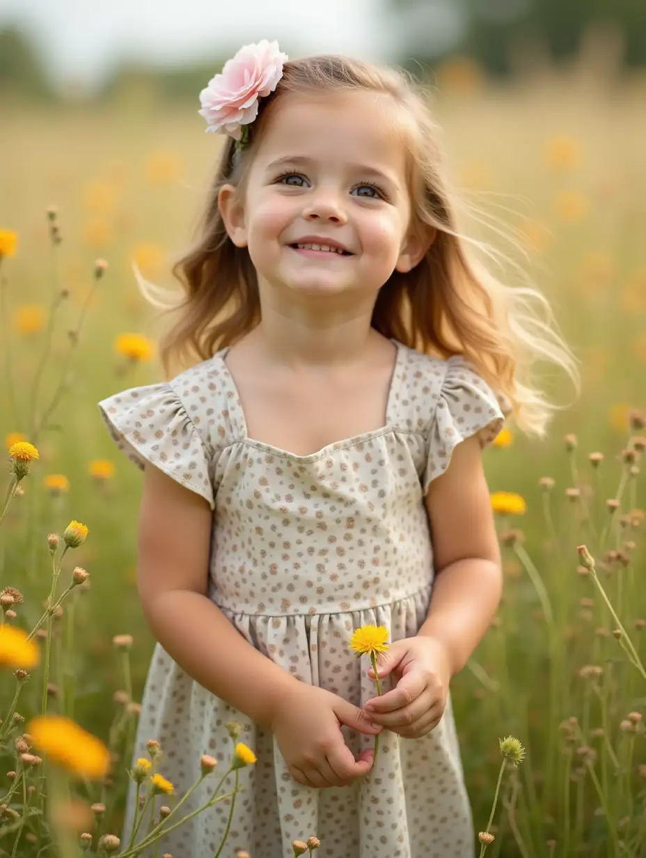 An adorable little girl. A vision of innocence and eager curiosity, standing in a field of flowers.