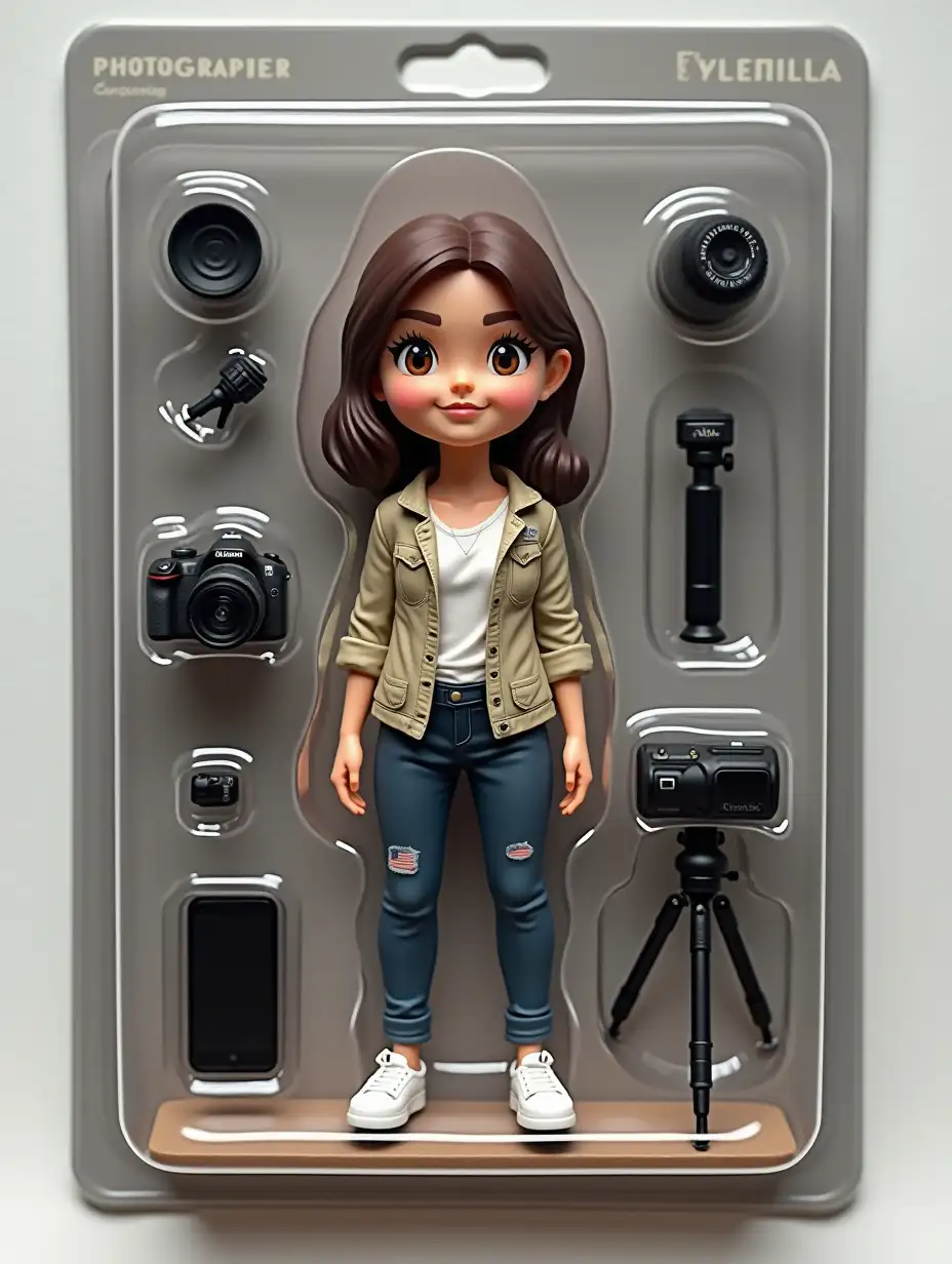 Use this my photo to create your figure in blister packaging, in the style of a premium-class collectible toy figurine. The figure should be standing and have a relaxed, friendly smile. The blister packaging should have a header with the text «[PHOTOGRAPHER]» in large letters and a subheader «[YULIA]» under it. Include accessories in compartments next to the figurine: [camera, tripod, iphone11].
