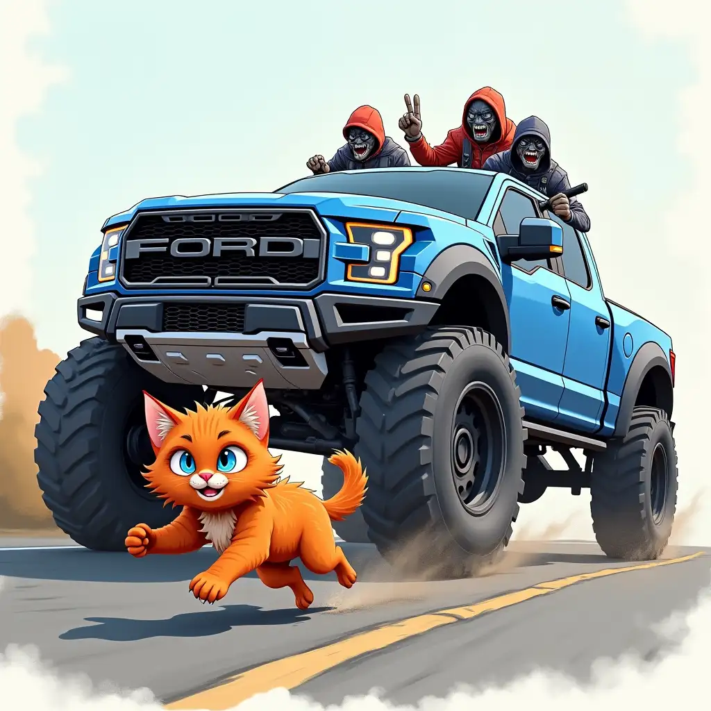 A huge blue ford f-150 raptor is chasing a fluffy red cat with blue eyes, who is running away on the road, there are scary punks in the car, drawing