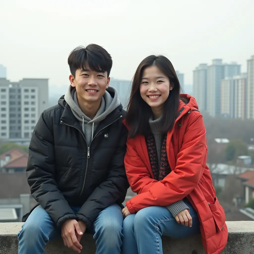 Young-Chinese-Couple-Sitting-on-Rooftop-in-1990s-Beijing-with-City-View