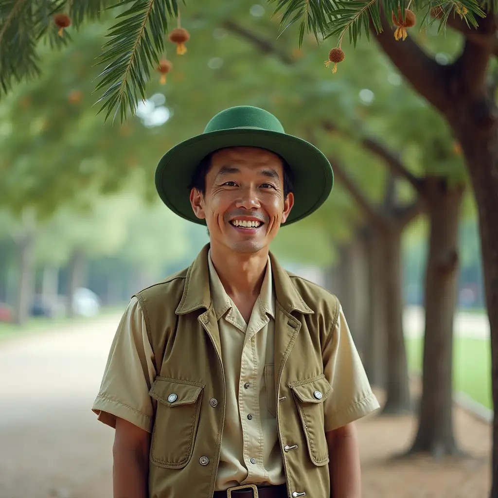 A Chinese man, wearing 60s clothing, with a green hat, standing under a tree, smiling at the camera