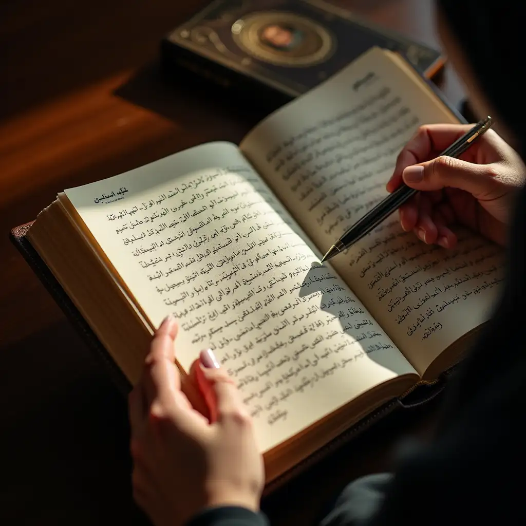 A close-up of hands holding an open book, the pages filled with intricate Arabic script and English translations. The sunlight highlights the embossed patterns on the book cover, emphasizing its significance. A faint reflection of the Muslim female’s face is visible in a nearby polished surface, symbolizing introspection. The scene captures a moment of focus, with the figure taking notes in a leather-bound journal, their pen poised with purpose.