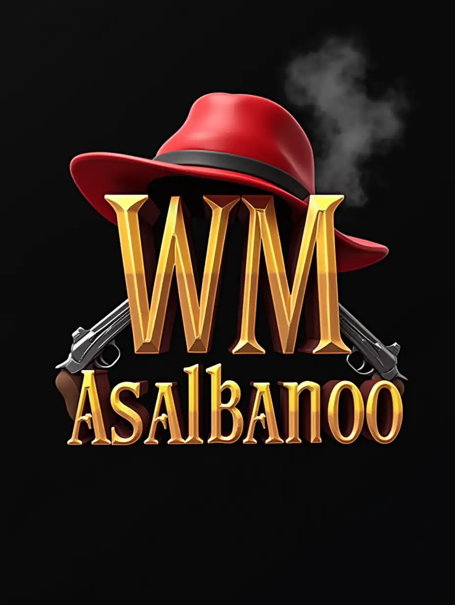 3D & Standing 'WM' Logo Image, 'Asalbanoo', Mafia red Hat, Gun, Smoke, Mafia Symbols Use, Friendship Group Token, Mafia Game Group Name, Bold & 3D Letters in Gold Color, High Quality