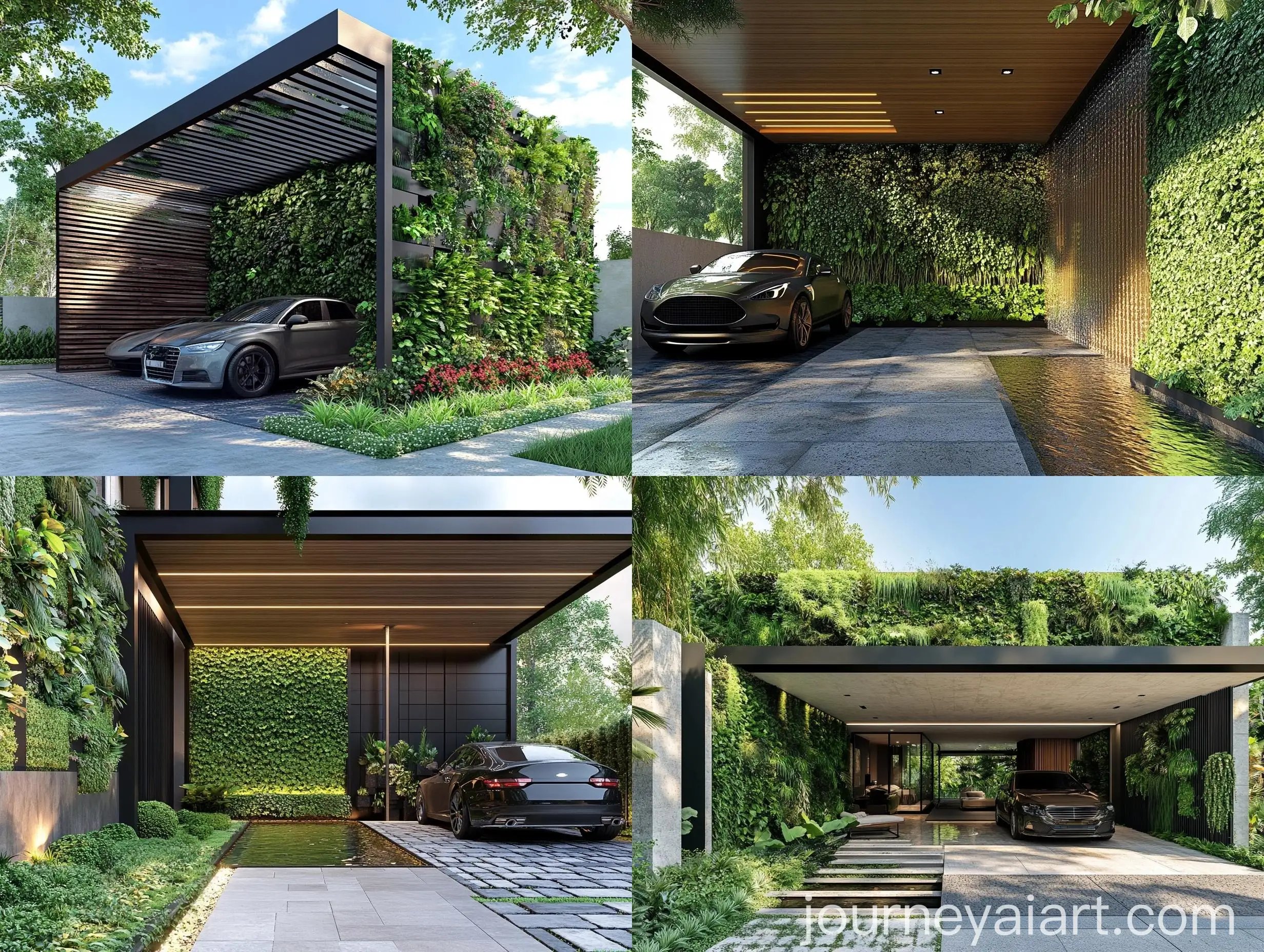 Modern-Carport-with-Green-Wall-and-Water-Feature