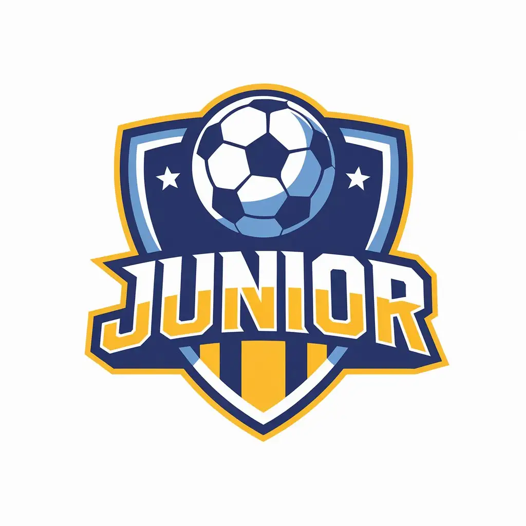 a vector logo design,with the text "Junior", main symbol:Draw a logo for a soccer school in the form of a shield. On the shield, draw a ball and the inscription JUNIOR Make the logo in blue and yellow colors,Moderate,be used in football industry,clear background