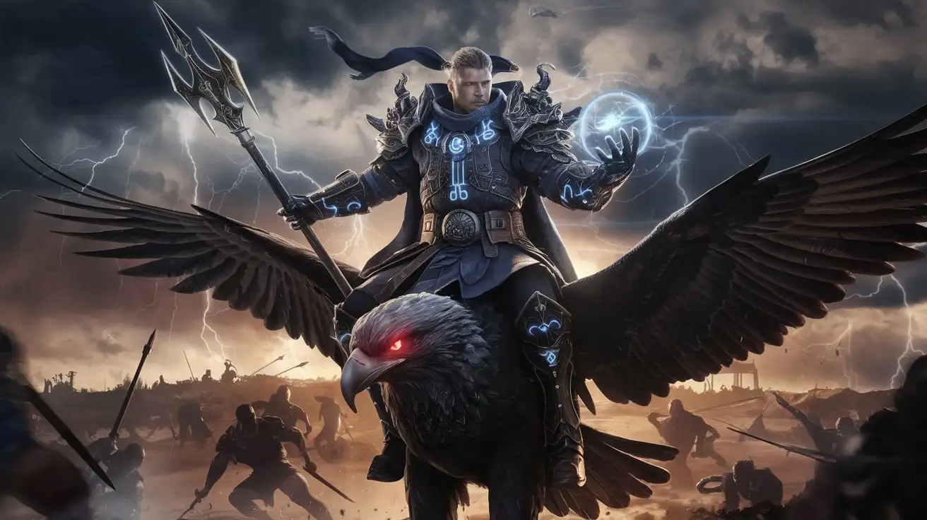 Epic-Fantasy-Warrior-Riding-Black-Eagle-with-Glowing-Spear-in-Stormy-Battle-Scene