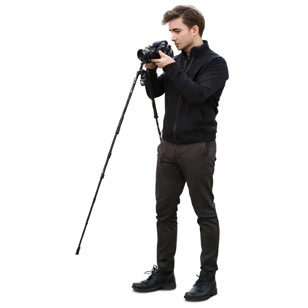 Image of male photographer by the calm sea at sunset